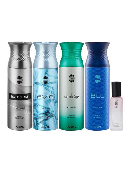 ajmal silver shade & avid & raindropss & blu deo each 200ml & neea edp 20ml pack of 5 for unisex + 2 parfum testers - 17607284 - Very Small Image - 1