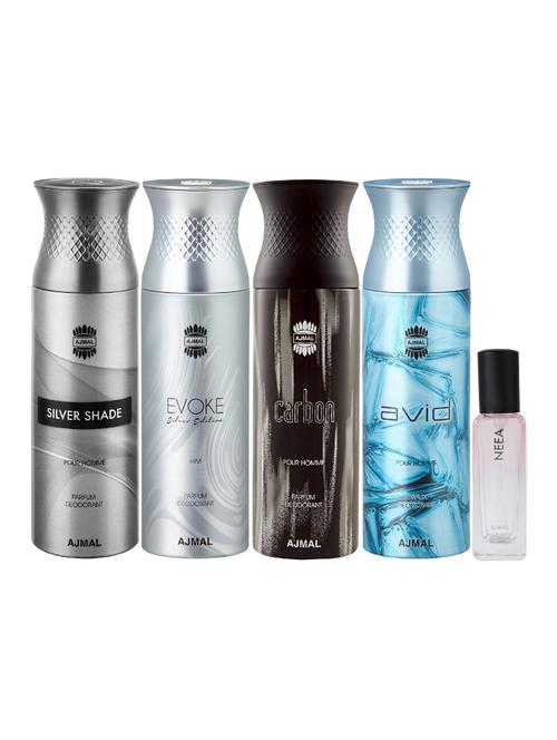 ajmal silver shade & evokesilver him & carbon & avid deo 200ml & neea edp 20ml pack of 5 for unisex - 17607289 - Very Small Image - 1