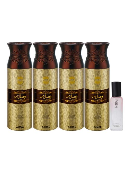 ajmal 4 wisal dhahab deo each 200ml & neea edp 20ml pack of 5 (total 820ml) for unisex + 2 parfum testers - 17607290 - Very Small Image - 1