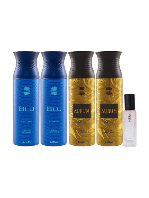 ajmal 2 blu & 2 aurum deo each 200ml & neea edp 20ml pack of 5 (total 820ml) for unisex + 2 parfum testers - 17607298 - Very Small Image - 1