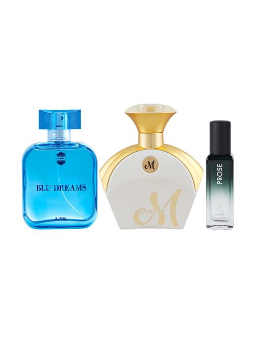 ajmal blu dreams edp 100ml & aryaj mwhite edp 90ml & prose edp 20ml (total 210ml) for unisex + 2 parfum testers - 17607318 - Very Small Image - 1