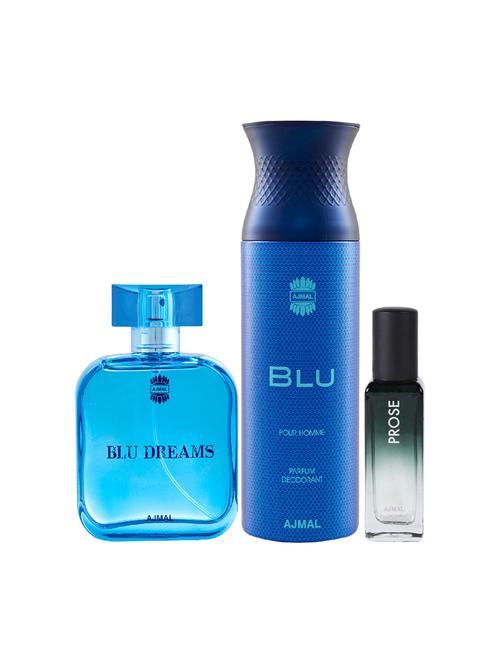 ajmal blu dreams edp 100ml and blu deo 200ml & prose edp 20ml pack of 3 (total 320ml) for men & women + 2 parfum testers - 17607341 - Very Small Image - 1