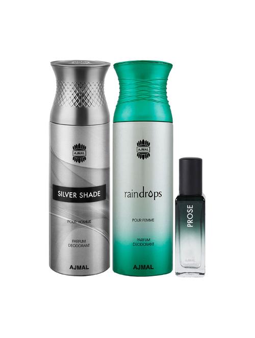 ajmal silver shade & raindrops deo each 200ml & prose edp 20ml (total 420ml) for unisex + 2 parfum testers - 17607350 - Very Small Image - 1