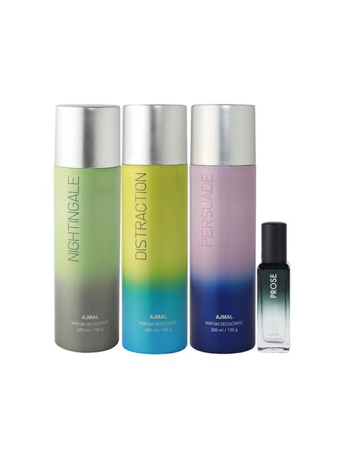 ajmal nightingale & distraction & persuade deo each 200ml & prose edp 20ml pack of 3 for men & women (4 items in the set) - 17607353 - Very Small Image - 1
