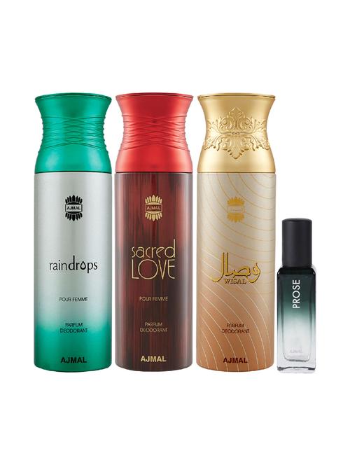ajmal sacred love & raindrops & wisal deo each 200ml & prose edp 20ml (total 620ml) for unisex - 17607357 - Very Small Image - 1