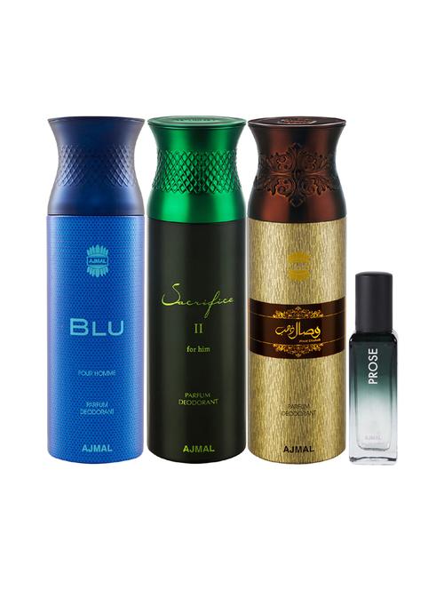 ajmal blu & sacrifice ii & wisal dahab deo each 200ml & prose edp 20ml pack of 4 (total 620ml) for unisex - 17607358 - Very Small Image - 1