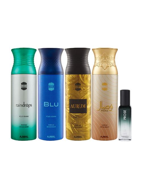 ajmal raindropss & blu & aurum & wisal deo 200ml & prose edp 20ml pack of 5 (total 820ml) for unisex 2 parfum testers - 17607371 - Very Small Image - 1