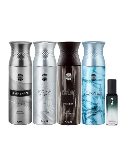 ajmal silver shade & evokesilver him & carbon & avid deo each 200ml & prose edp 20ml pack of 5 for unisex - 17607377 - Very Small Image - 1