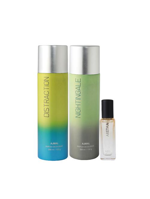 ajmal distraction & nightingale deo each 200ml & aretha edp 20ml (total 420ml) for unisex + 2 parfum testers - 17607396 - Very Small Image - 1