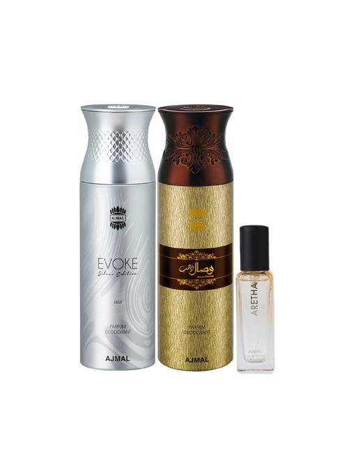 ajmal evoke & wisal dhahab deo each 200ml & aretha edp 20ml (total 420ml) for unisex + 2 parfum testers - 17607398 - Very Small Image - 1