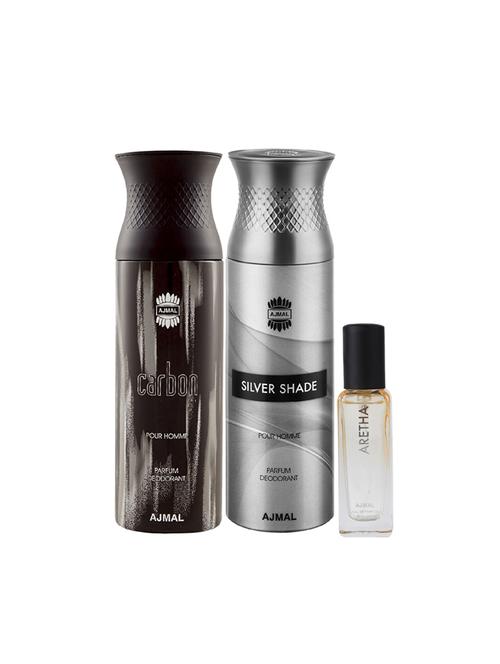 ajmal carbon & silvershade deo each of 200ml & aretha edp 20ml (total 420ml) for unisex + 2 parfum testers - 17607421 - Very Small Image - 1