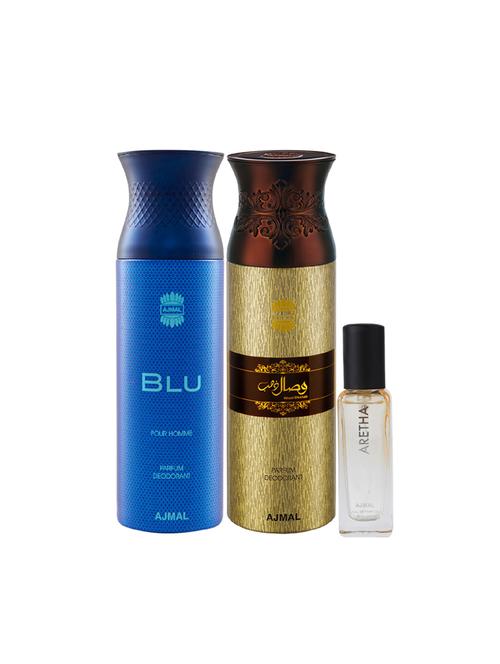 ajmal blu homme & wisal dhahab deo each 200ml & aretha edp 20ml (total 420ml) for unisex + 2 parfum testers - 17607424 - Very Small Image - 1