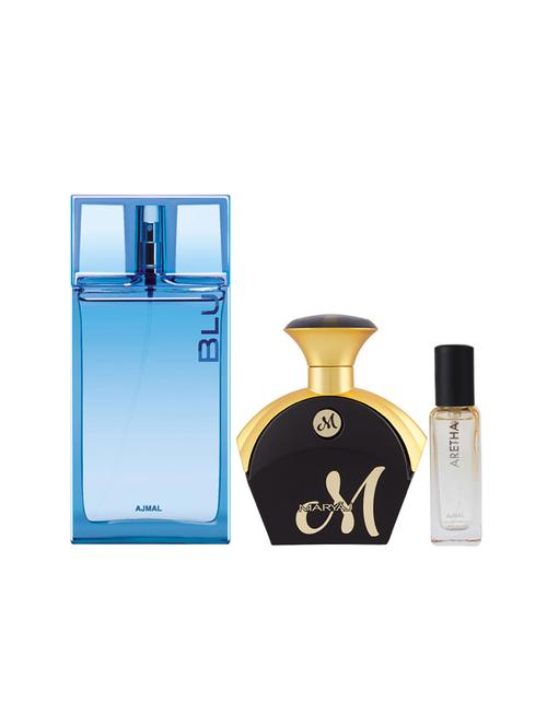 ajmal blu & m for her edp each 90ml & aretha edp 20ml (total 200ml) for unisex + 2 parfum testers - 17607426 - Very Small Image - 1