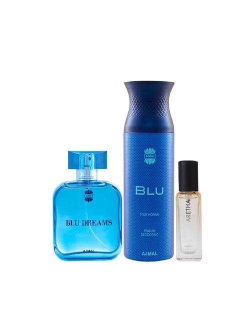 ajmal blu dreams edp 100ml and blu deo 200ml & aretha edp 20ml (total 320ml) for unisex + 2 parfum testers - 17607429 - Very Small Image - 1