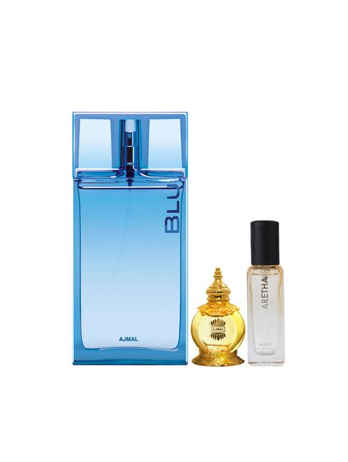 ajmal blu edp 90ml and mukhallat al wafa cp 12ml & aretha edp 20ml (total 122ml) for unisex + 2 parfum testers - 17607431 - Very Small Image - 1