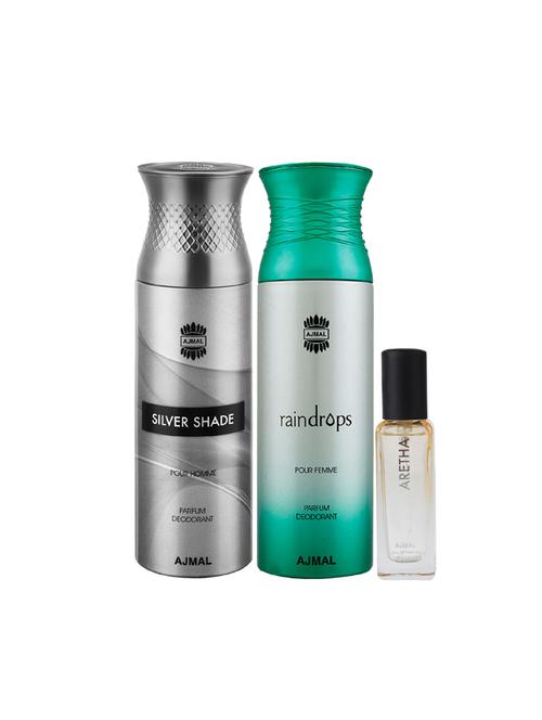 ajmal silver shade & raindrops deo each 200ml & aretha edp 20ml (total 420ml) for unisex + 2 parfum testers - 17607438 - Very Small Image - 1
