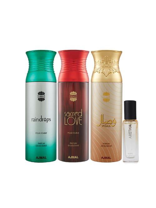 ajmal sacred love & raindrops & wisal deo each 200ml & aretha edp 20ml (total 620ml) for unisex + 2 parfum testers - 17607445 - Very Small Image - 1
