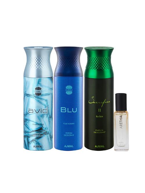 ajmal avid & blu & sacrifice ii deo each 200ml & aretha edp 20ml pack of 4 (total 620ml) for unisex + 2 parfum testers - 17607447 - Very Small Image - 1