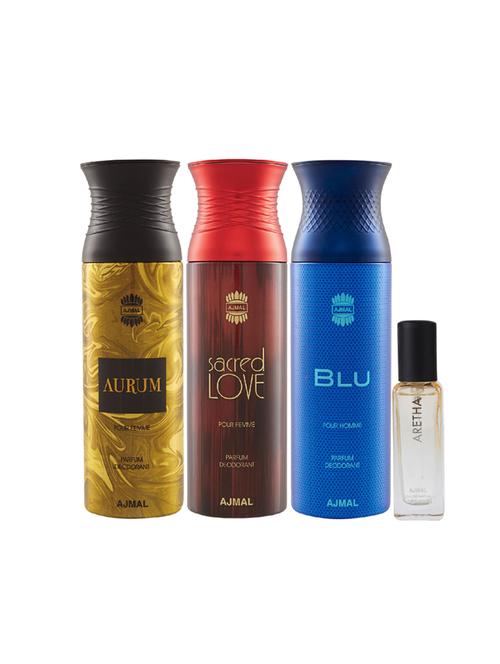 ajmal aurum & blu & sacred love deo each 200ml & aretha edp 20ml pack of 4 (total 620ml) for unisex + 2 parfum testers - 17607450 - Very Small Image - 1