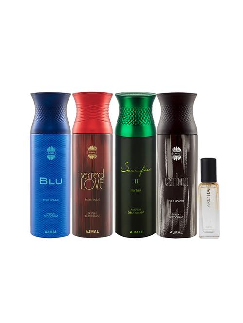 ajmal blu & sacred love & sacrificeiihim & carbon deo 200ml & aretha edp 20ml pack of 5 for unisex 2 parfum testers - 17607457 - Very Small Image - 1