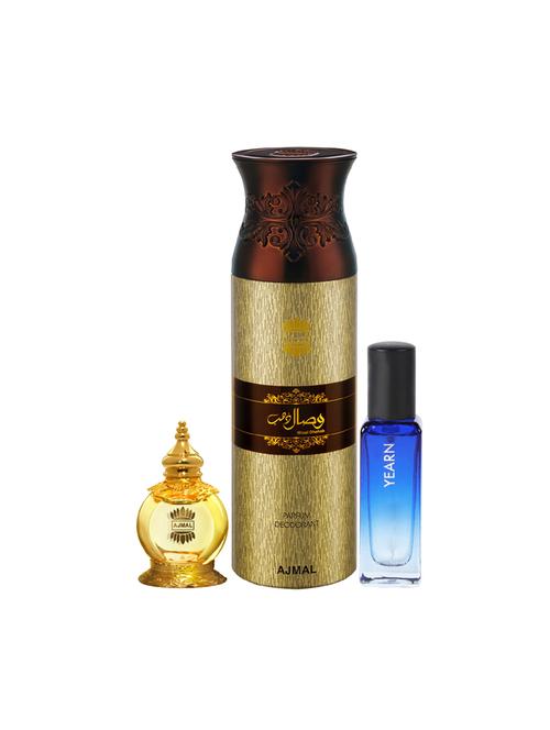 ajmal mukhallat al wafa cp 12ml & wisal dhahab deo of 200ml & yearn edp 20ml for unisex + 2 parfum testers - 17607485 - Very Small Image - 1