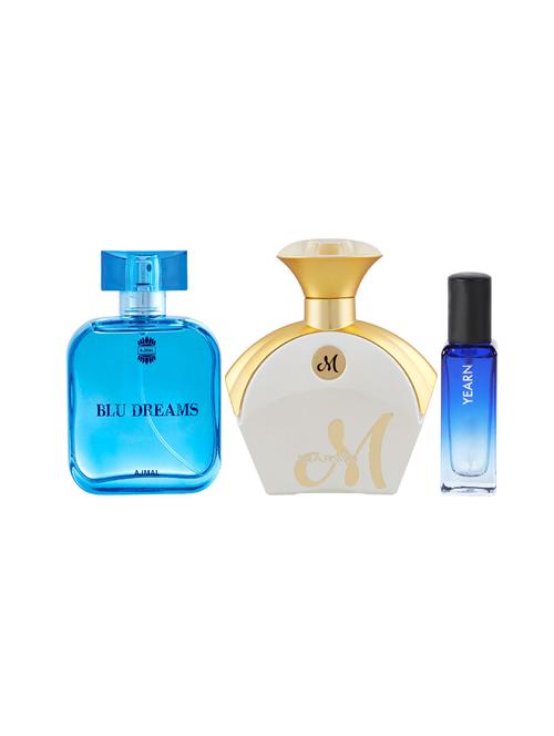 ajmal blu dreams edp 100ml & mwhite edp 90ml & yearn edp 20ml (total 210ml) for unisex + 2 parfum testers - 17607494 - Very Small Image - 1