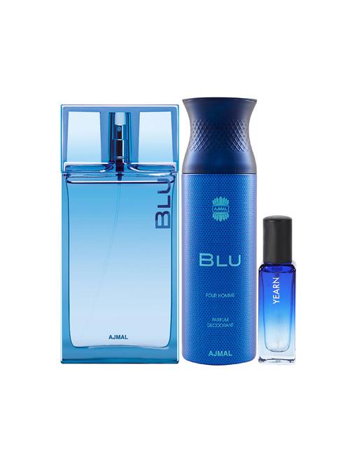 ajmal blu edp 90ml & blu perfume deo 200ml & yearn edp 20ml pack of 3 (total 310ml) for men & women (3 items in the set) - 17607522 - Very Small Image - 1