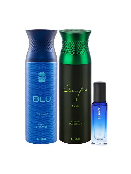 ajmal blu & sacrifice ii him deo each 200ml & yearn edp 20ml pack of 3 (total 420ml) for men & women + 2 parfum testers - 17607524 - Very Small Image - 1