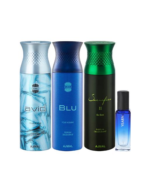 ajmal avid & blu & sacrifice ii deo each 200ml & yearn edp 20ml pack of 4 (total 620ml) for unisex + 2 parfum testers - 17607535 - Very Small Image - 1
