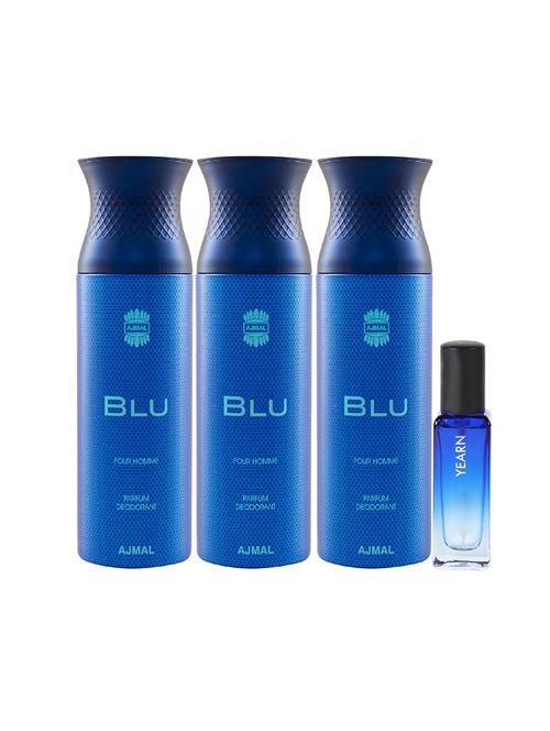 ajmal 3 blu deo each 200ml & yearn edp 20ml pack of 4 (total 620ml) for men & women + 2 parfum testers - 17607536 - Very Small Image - 1