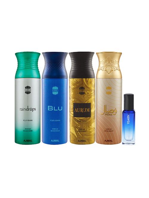 ajmal raindropss & blu & aurum & wisal deo each 200ml & yearn edp 20ml pack of 5 (total 820ml) for unisex - 17607547 - Very Small Image - 1