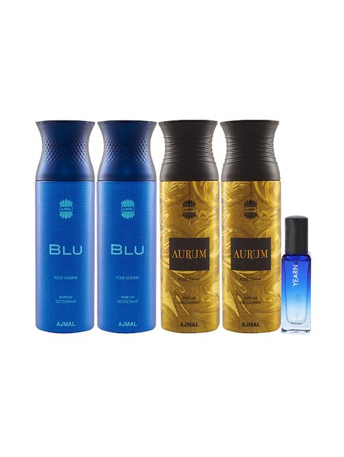 ajmal 2 blu & 2 aurum deo each 200ml & yearn edp 20ml pack of 5 (total 820ml) for unisex + 2 parfum testers - 17607562 - Very Small Image - 1