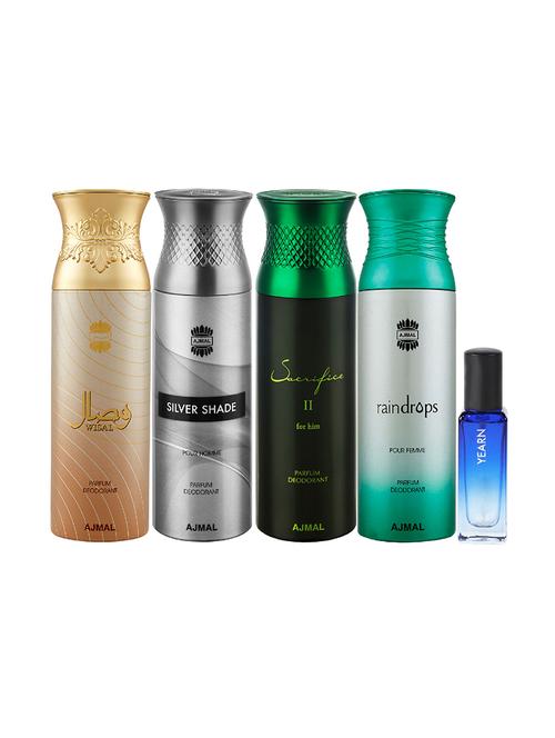 ajmal wisal & silver shade & sacrificeiihim & raindropss deo each 200ml & yearn edp 20ml pack of 5 for unisex - 17607564 - Very Small Image - 1