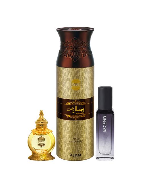 ajmal mukhallat al wafa cp 12ml & wisal dhahab deo of 200ml & ascend edp 20ml pack of 3 for unisex (3 items in the set) - 17607573 - Very Small Image - 1