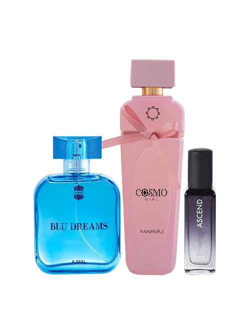 ajmal blu dreams 100ml and cosmogirl 100ml edp & ascend edp 20ml (total 220ml) for unisex + 2 parfum testers - 17607576 - Very Small Image - 1