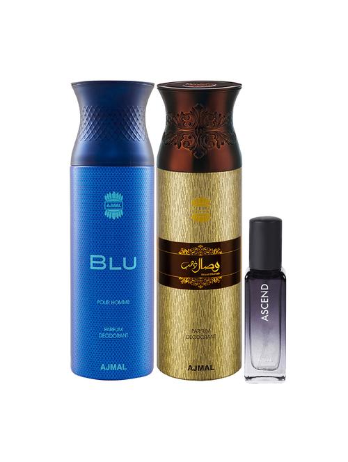 ajmal blu homme & wisal dhahab deo each 200ml & ascend edp 20ml (total 420ml) for unisex + 2 parfum testers - 17607600 - Very Small Image - 1