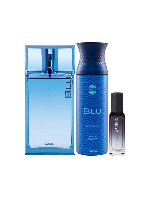 ajmal blu edp 90ml & blu perfume deo 200ml & ascend edp 20ml pack of 3 (total 310ml) for men & women (3 items in the set) - 17607610 - Very Small Image - 1