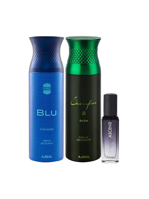 ajmal blu & sacrifice ii him deo each 200ml & ascend edp 20ml (total 420ml) for unisex + 2 parfum testers - 17607612 - Very Small Image - 1