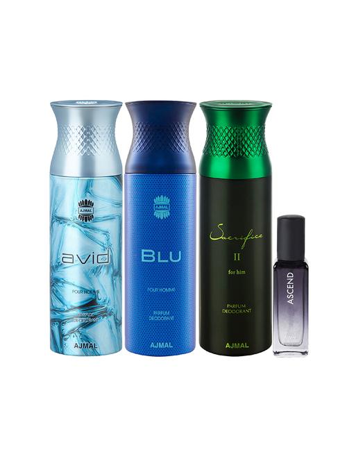 ajmal avid & blu & sacrifice ii deo each 200ml & ascend edp 20ml pack of 4 (total 620ml) for unisex + 2 parfum testers - 17607623 - Very Small Image - 1