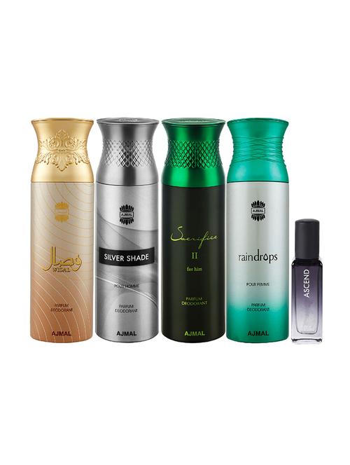 ajmal wisal & silvershade & sacrificeiihim & raindropss deo 200ml & ascend edp 20ml pack of 5 for unisex - 17607651 - Very Small Image - 1