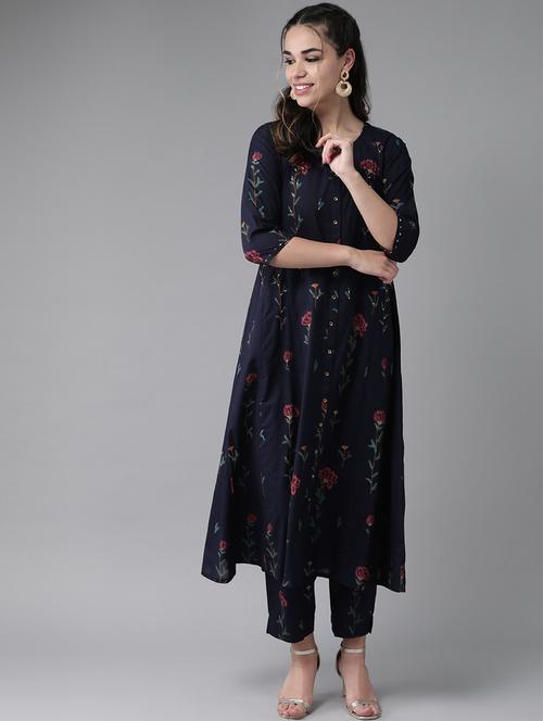 navy cotton kurta pant set - 17608665 - Very Small Image - 1