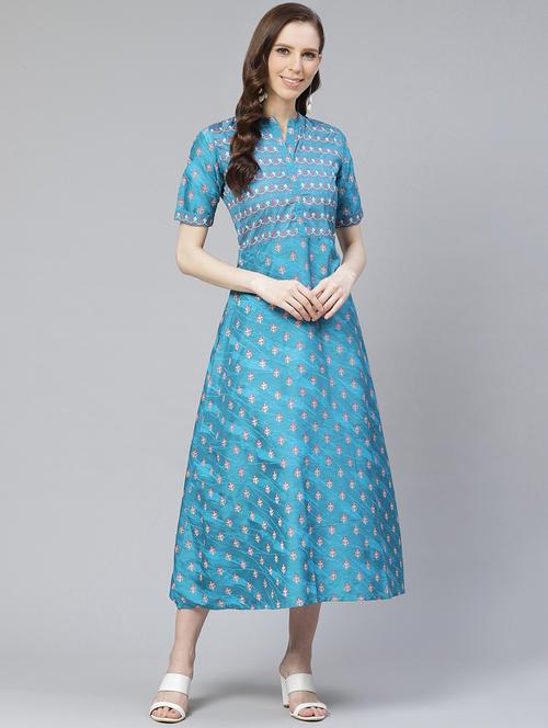 turquoise art silk a-line kurta - 17608724 - Very Small Image - 1