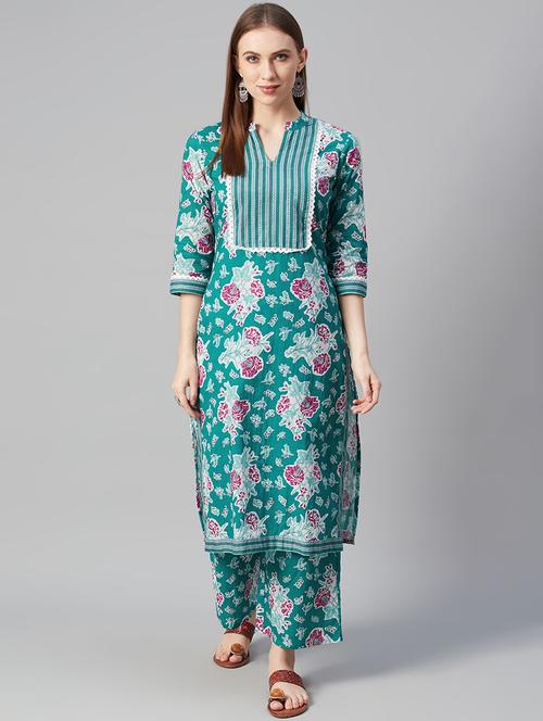 turquoise cotton kurta palazzo set - 17608998 - Very Small Image - 1