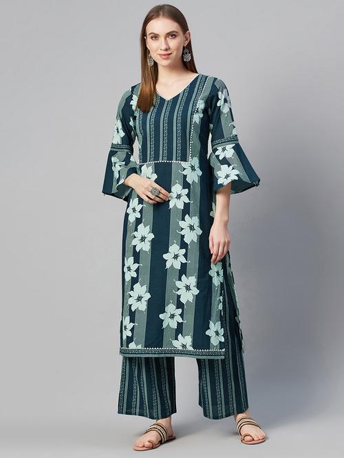 teal cotton kurta palazzo set - 17609049 - Very Small Image - 1