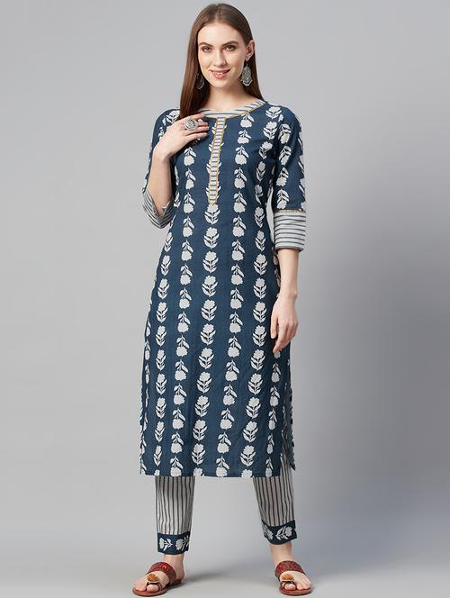 navy cotton kurta pant set - 17609052 - Very Small Image - 1