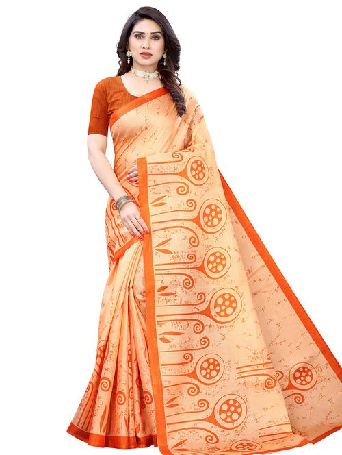 orange silk blend printed saree with blouse - 17609408 - Very Small Image - 1