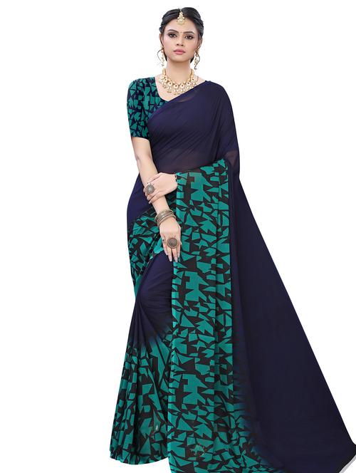 navy blue printed saree with blouse - 17609459 - Very Small Image - 1
