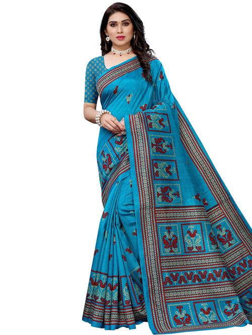 turquoise art silk printed saree with blouse - 17609474 - Very Small Image - 1