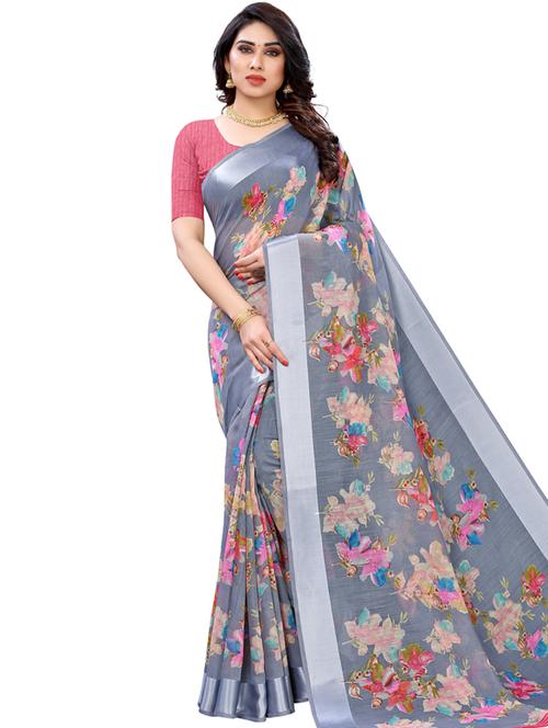 floral printed saree with blouse - 17609509 - Very Small Image - 1