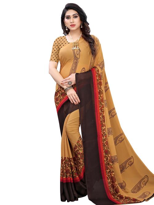 beige georgette printed saree with blouse - 17609549 - Very Small Image - 1
